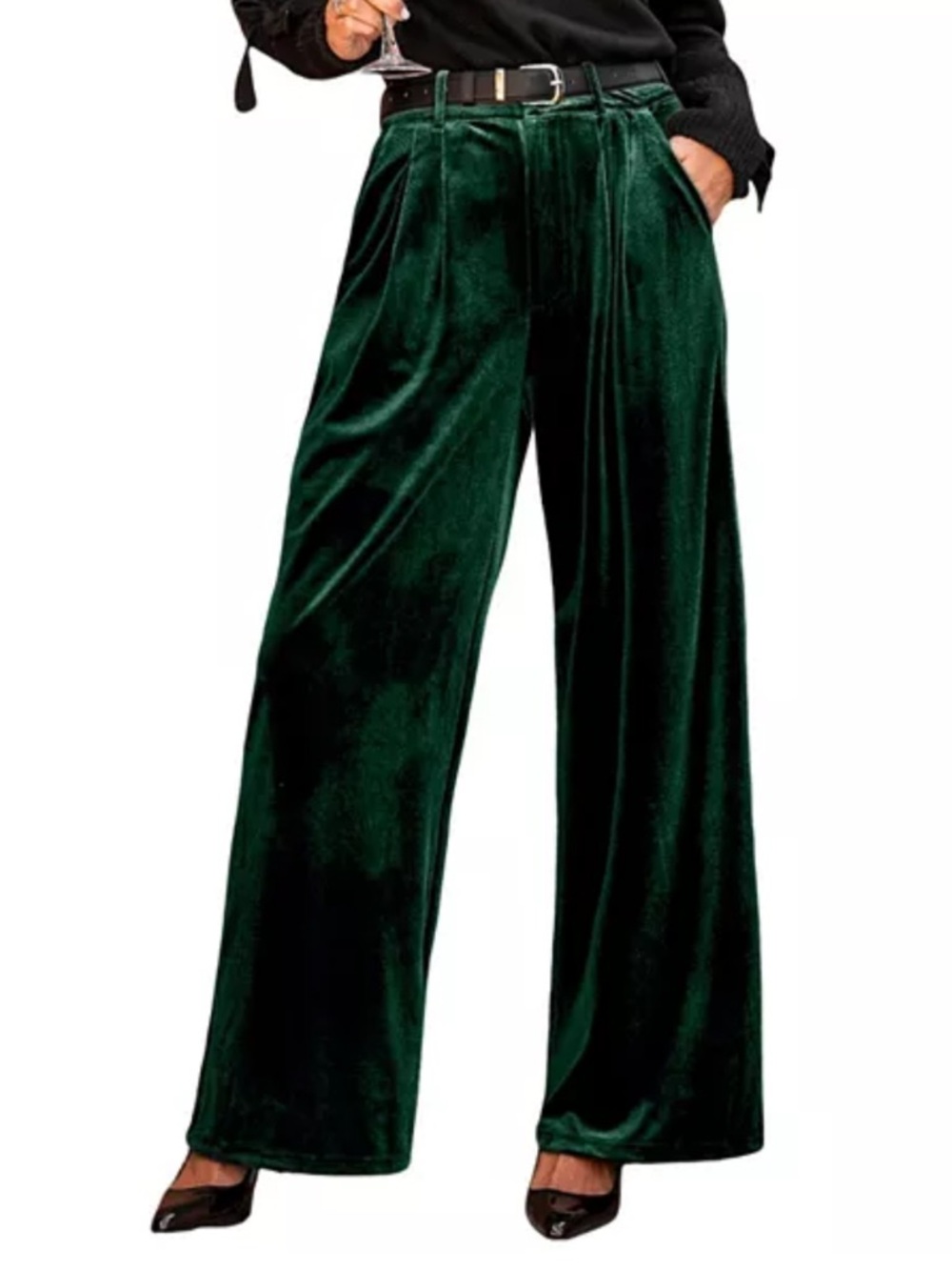 Cupshe Women's Forest Emerald Green Velvet Heat Wide Leg Pleated Pants NWT